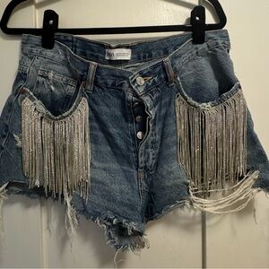 ZARA Blue Denim Shorts with Silver Fringe